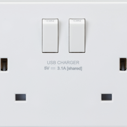 13 Amp 2 Gang Double Pole Switched Plug Socket with Dual USB A+C 15.5W Charger