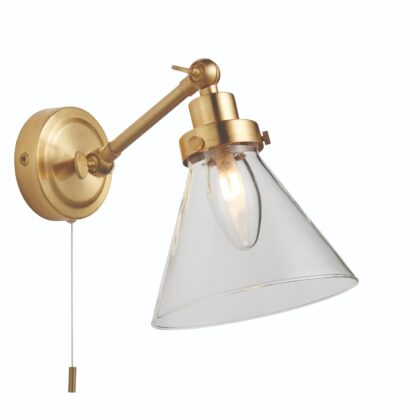 Satin Brass Contemporary Switched Bathroom Wall Light with Glass Shade