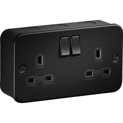 Black Metal Clad 13 Amp Double 2 Gang Switched Wall Plug Socket Heavy Duty