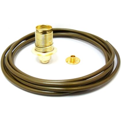 SES E14 Rewire Kit Unswitched Lamp Holder 3M Gold Cable and Back Plate Wooden