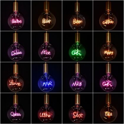 LED Neon Text Light Bulb 4W E27 Dream Happy Coffee Tea Bar Love Wine Mr Mrs Beer