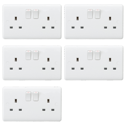 13A Double Gang DP Switched Plug Socket Curved Edge White Knightsbridge x5