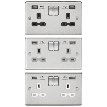 13A Double Gang DP Switched Plug Socket with USB Brushed Chrome Knightsbridge