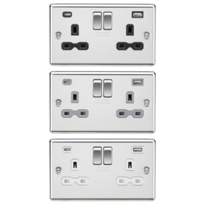 13A Double Gang DP Switched Plug Socket with USB Polished Chrome Knightsbridge