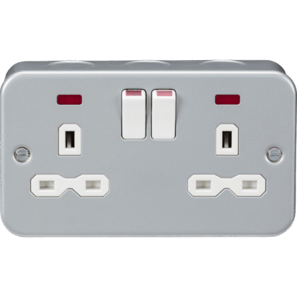 13A Metal Clad Double Gang Switched Wall Plug Socket with Neon Heavy Duty Ind.