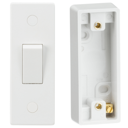 10AX Single Gang 2 Way Architrave Light Switch and Pattress Box White