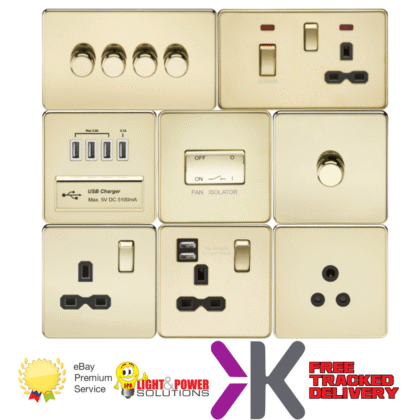 Screwless Polished Brass Electrical Plug Sockets and Switches+USB Knightsbridge