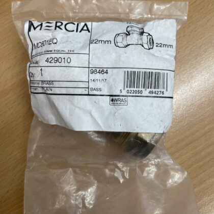 22 x 22 x 22mm Brass Tee Plumbing Pipe Mercia MC601EQ 429010