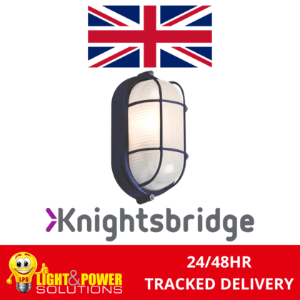 Knightsbridge Outdoor Black Oval Bulkhead with Wire Guard and Glass Diffuser